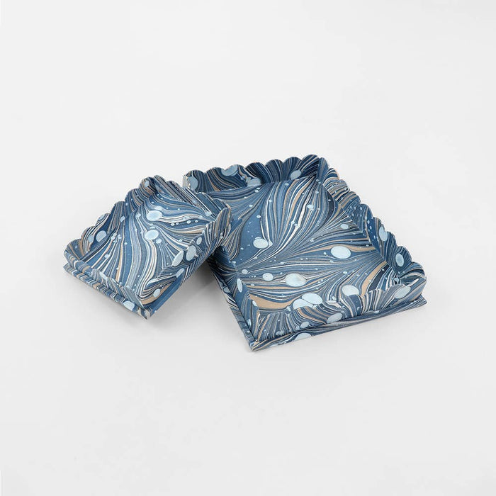 Hand Marbled Scalloped Tray Bleu