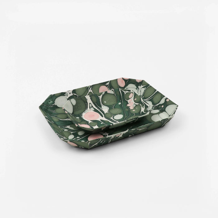 Hand marbled set of paper tray green