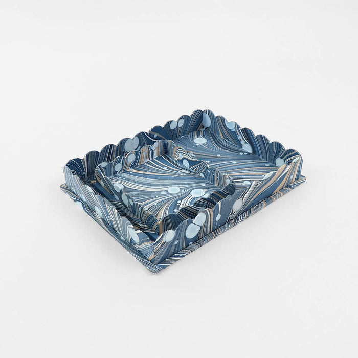 Hand Marbled Scalloped Tray Bleu