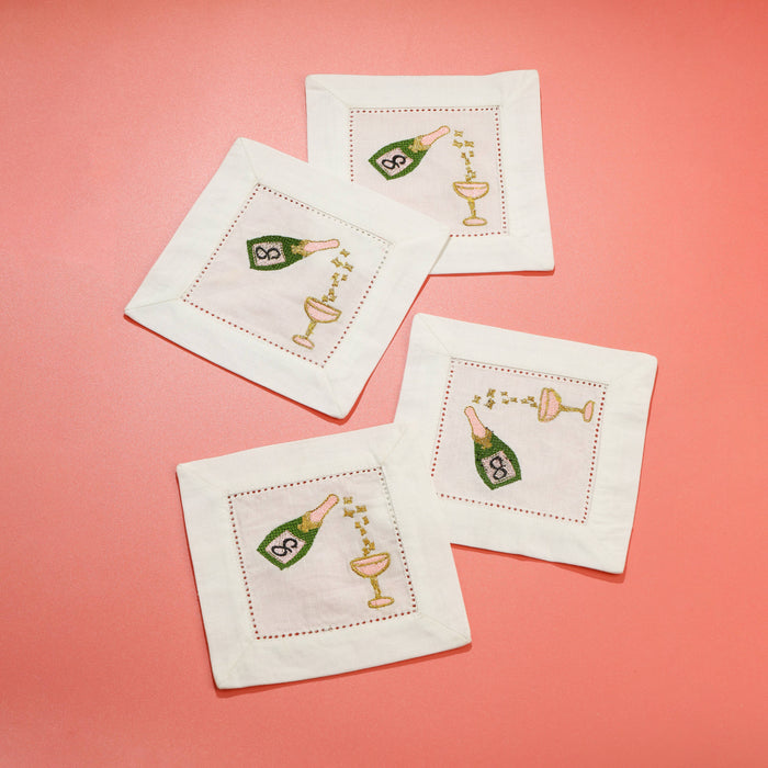 Hand-embroiedered cocktail napkins Champagne Pour