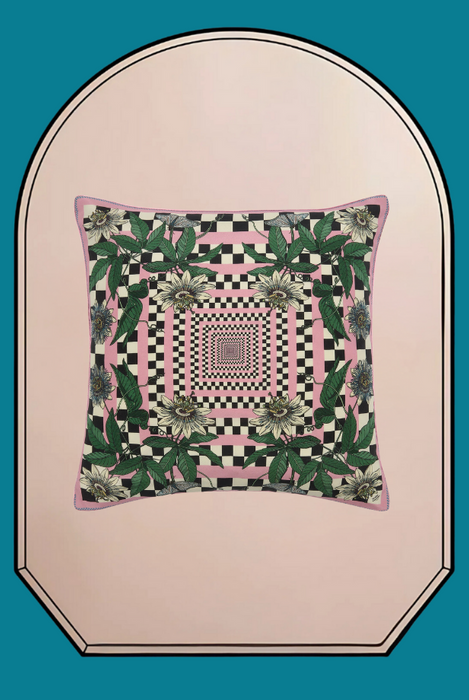 Passion Flower Pink Chequerboard Silk Cushion