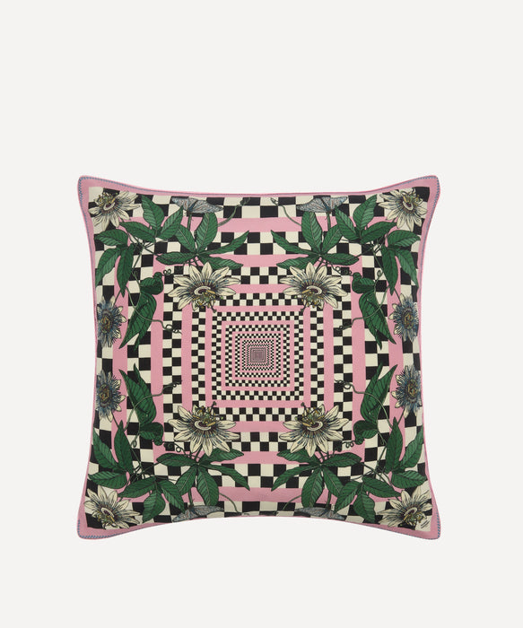 Passion Flower Pink Chequerboard Silk Cushion