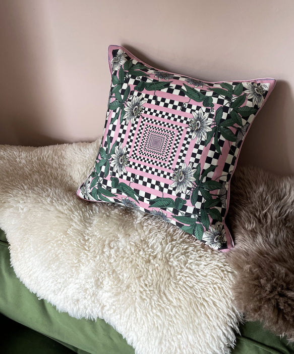 Passion Flower Pink Chequerboard Silk Cushion